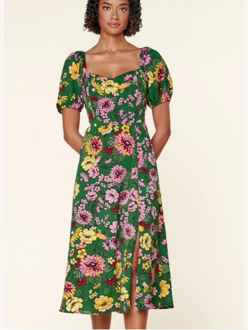 Sugarlips Green Floral Puff-Sleeve Midi Dress